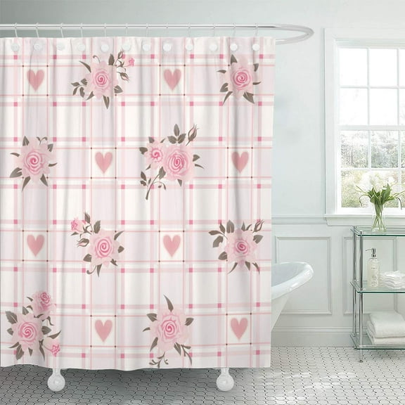 KSADK Decoupage Checkered Pattern with Pink Roses and Floral Shabby Chic Delicate Shower Curtain Bathroom Curtain 66x72 inch