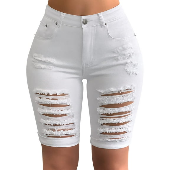 roswear Women's Distressed Knee Length Long Denim Shorts Ripped Stretchy Jean Shorts White Large