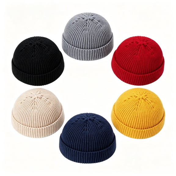 6Pcs 6 Colors Wool Knit Fisherman Beanie Caps, Thin Cuff Slouchy Trawler Skull Hats for Fall Winter