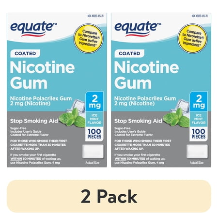 (2 pack) Equate Nicotine Gum 2 mg, Stop Smoking Aid, Ice Mint Flavor, Coated, 100 Count
