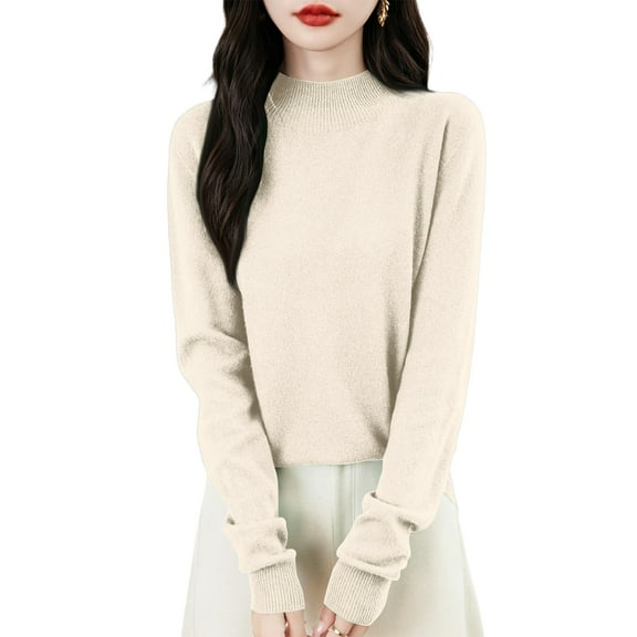 Kixjoy Knit Sweater for Women Long Sleeve Lightweight Mock Turtleneck Sweater Fleece Thermal Casual Winter Tops Soild Soft Loose Fit Blouses for Women, Beige XL