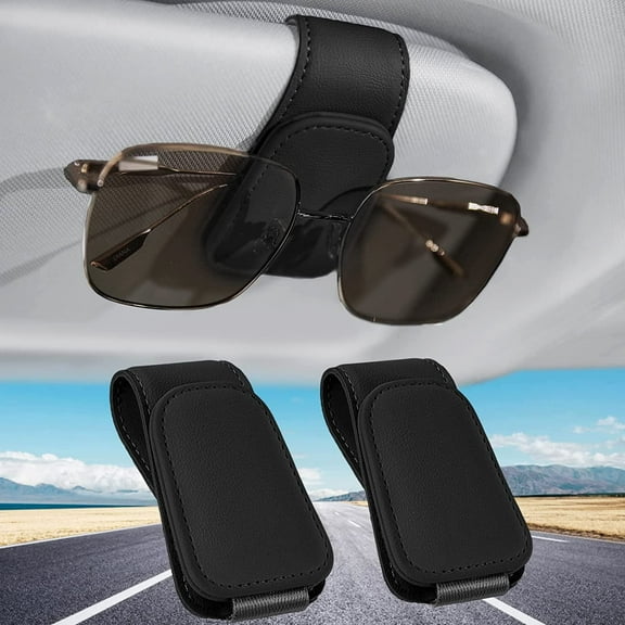 Sunglass Holder for Car Visor Clip, 2 Pack Magnetic Leather Car Sunglasses Holder Eyeglass Hanger Clip for Car Visor, Universal Auto Interior Accessories (Black)