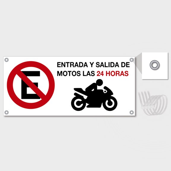 Señalamiento: "No estacionarse. Entrada y salida de motos las 24 horas", blanco y rojo. Plástico estireno calibre 40, medidas: 40 x 18 cm, para exteriores. Letrero, Señal horizontal prohibitiva.