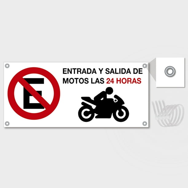 Señalamiento: "No estacionarse. Entrada y salida de motos las 24 horas", blanco y rojo. Plástico estireno calibre 40, medidas: 40 x 18 cm, para exteriores. Letrero, Señal horizontal prohibitiva.
