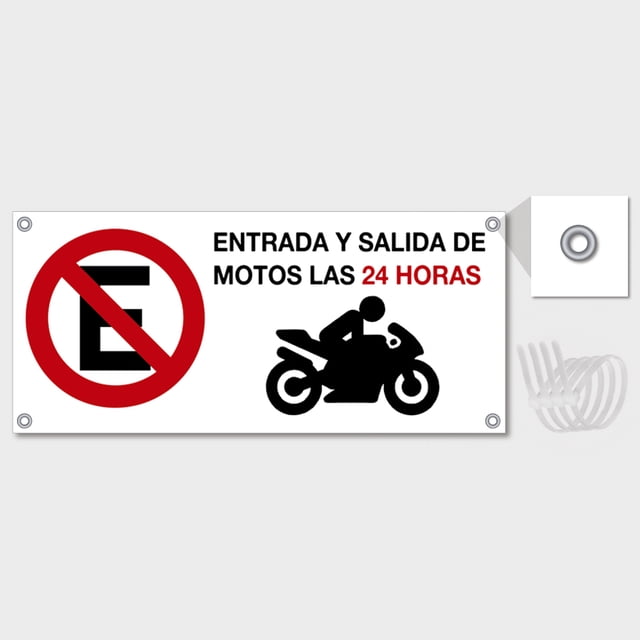 Señalamiento: "No estacionarse. Entrada y salida de motos las 24 horas", blanco y rojo. Plástico estireno calibre 40, medidas: 40 x 18 cm, para exteriores. Letrero, Señal horizontal prohibitiva.