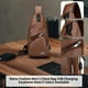 thumbnail image 4 of Bandolera para hombres: mujer – Mochila pequeña en el pecho con agujero para auriculares, marrón caqui, mochila ligera de cuero sintético para senderismo, acampada, viajes al aire libre, adapta a, 4 of 9