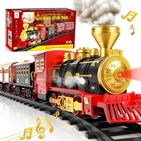 Electric Train Toy Set- Train Toys for Boys with Smokes,Lights and Sound,Toy Train with Steam Locomotive,Train Carriages and Tracks,Toddler Model Trains for 3 4 5 6 7 8  Years Old
