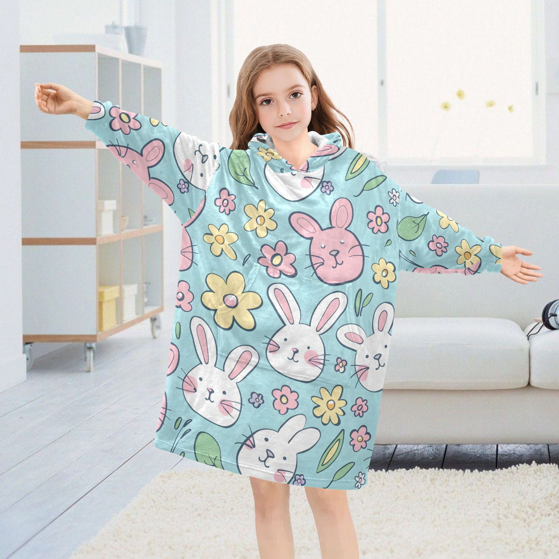 Dailycode Wearable Blanket Hoodie Oversized Sherpa Flannel Blankets with Pocket for 3-14 Year Old Bunny Rabbit and Daisy Flower