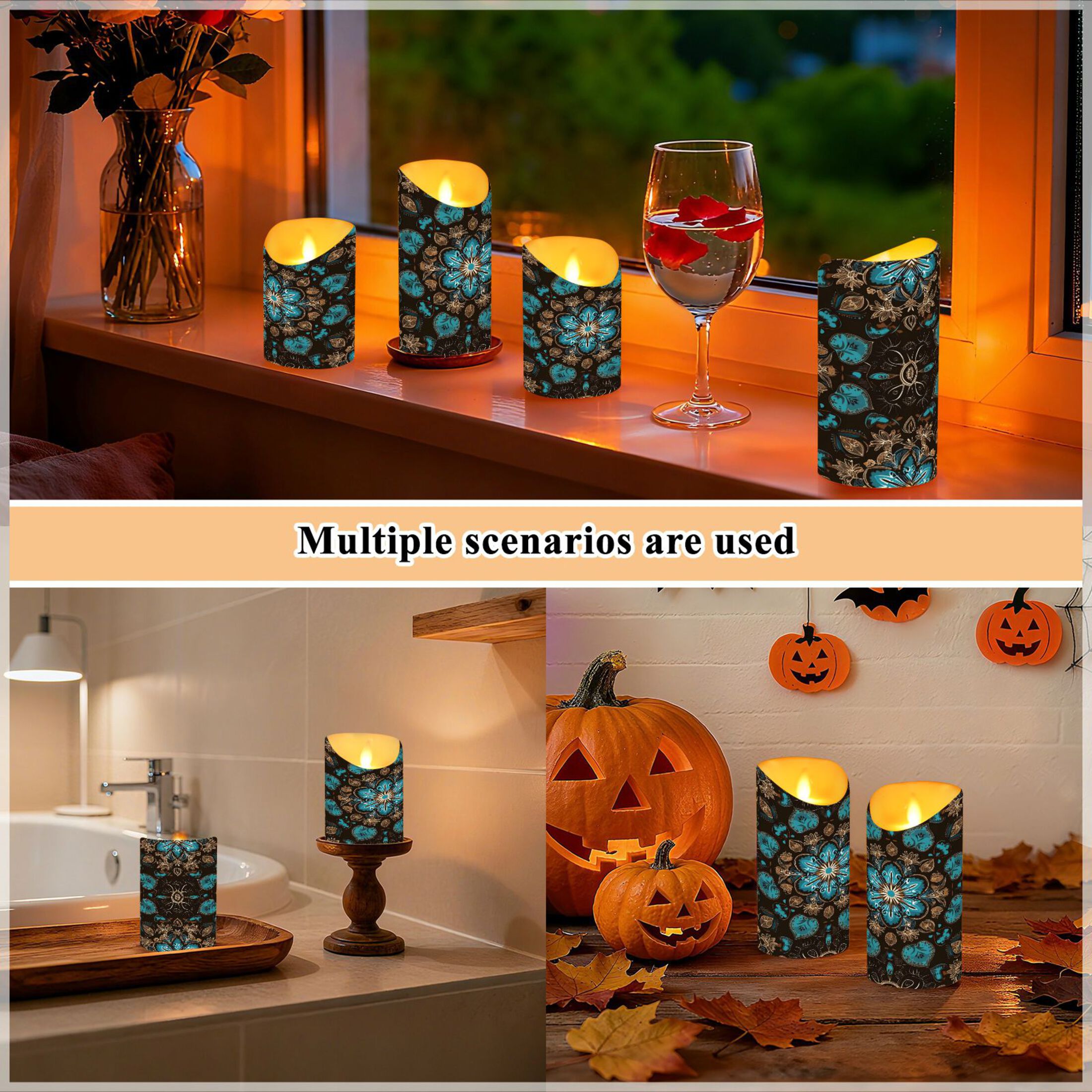 Wobogo Turquoise Mandalas Flameless Candles with Remote Battery Operated Flickering LED Candles with Timer 2/4/6/8H Medium Size