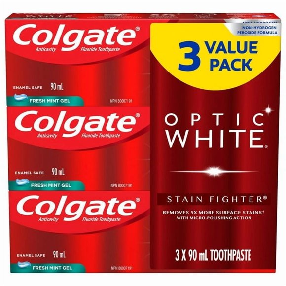 Colgate Optic White Stain Fighter Dentifrice Détachant, Gel Menthe Fraîche, 90 ml, Lot de 3, 90 ml, Lot de 3