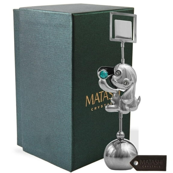 Matashi  Home Decorative Tabletop Showpiece Chrome Plated Silver Puppy Card Holder with Green Crystal Metal Dog Figurine
