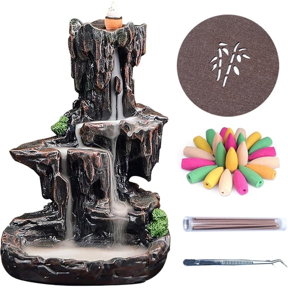 LLMRR Waterfall Incense Burner, Backflow Incense Burner, Resin Mountain Incense Holders with 30 Incense Stick & 120 Backflow Incense Cones, Monk Incense Burner for Office, Yoga Room, Single Side