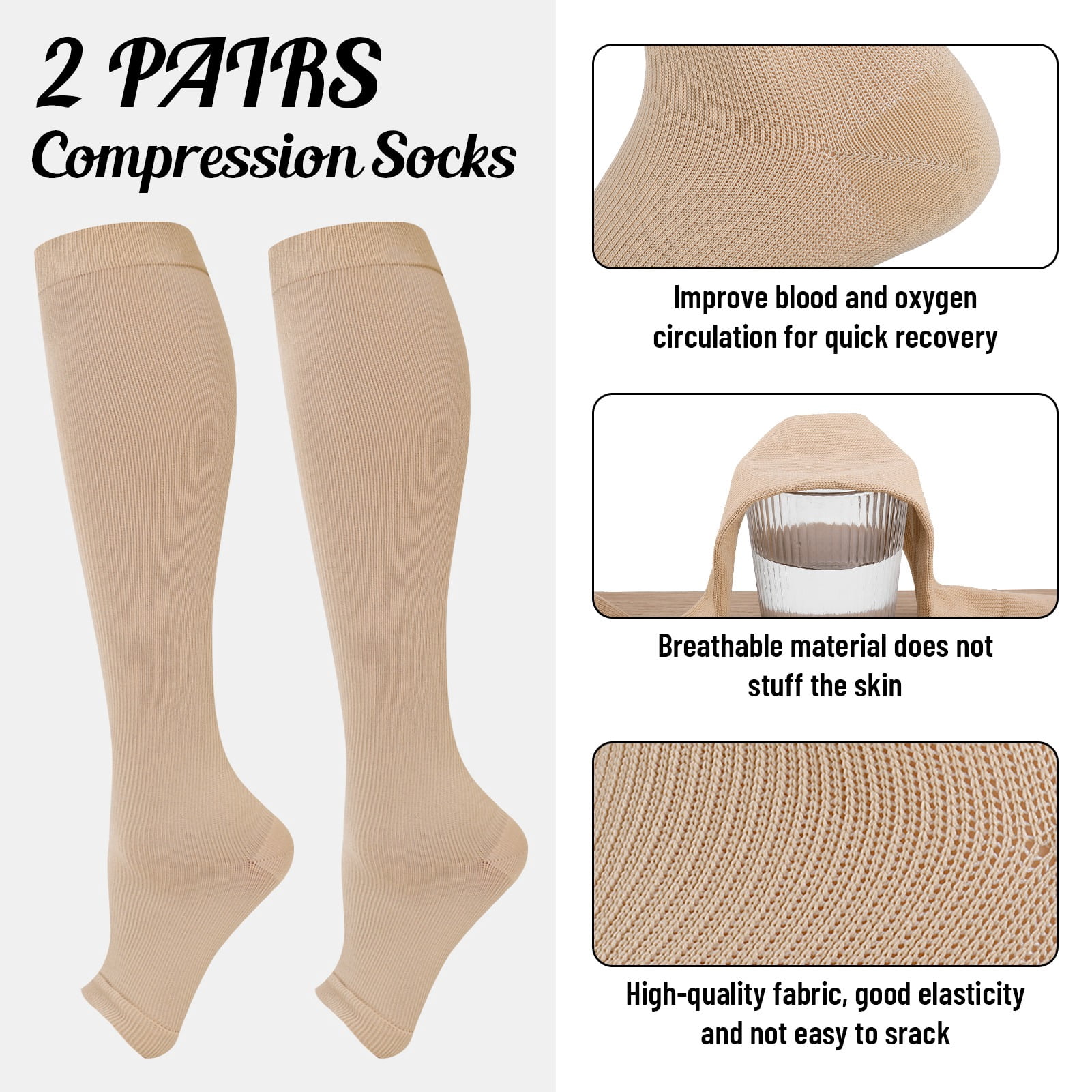 Hengguang 2 Pack 20-30mmHg Open Toe Compression Socks for Men & Women – Knee High Stockings for Running, Pregnancy, Travel, Work – Varicose Veins & Circulation Support