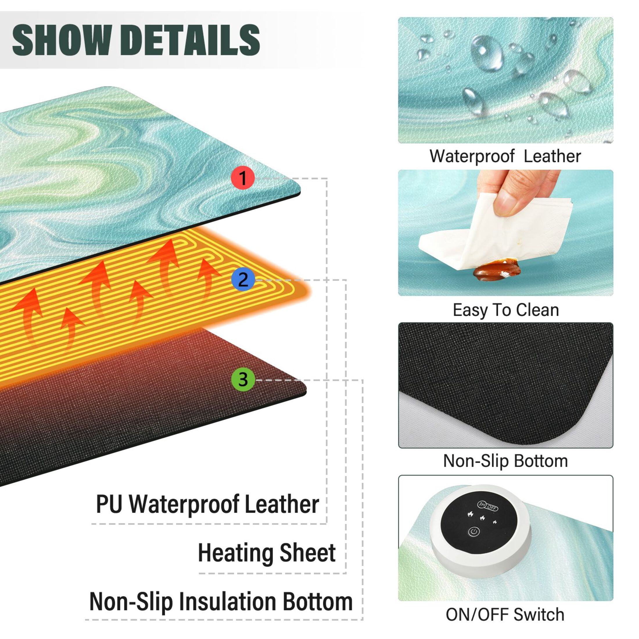 Large Heated Desk Mat Mouse Pad 31.5"x13"PU Leather Graphene Heating Desk Warmer with 3 Temperature Settings 110V US Plug Non-Slip Warm Pad for Home, Office, and Gaming Oceanic Liquid Marble Design