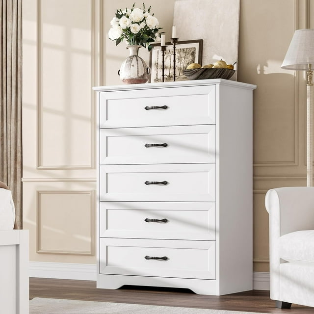 5 Drawers Dresser for Bedroom, Chest of Drawers with Wide Metal Handle, Farmhouse Modern Wooden Tall Dresser, Natural Texture, Storage Organizer for Bedroom, Living Room, Kids Room(White)