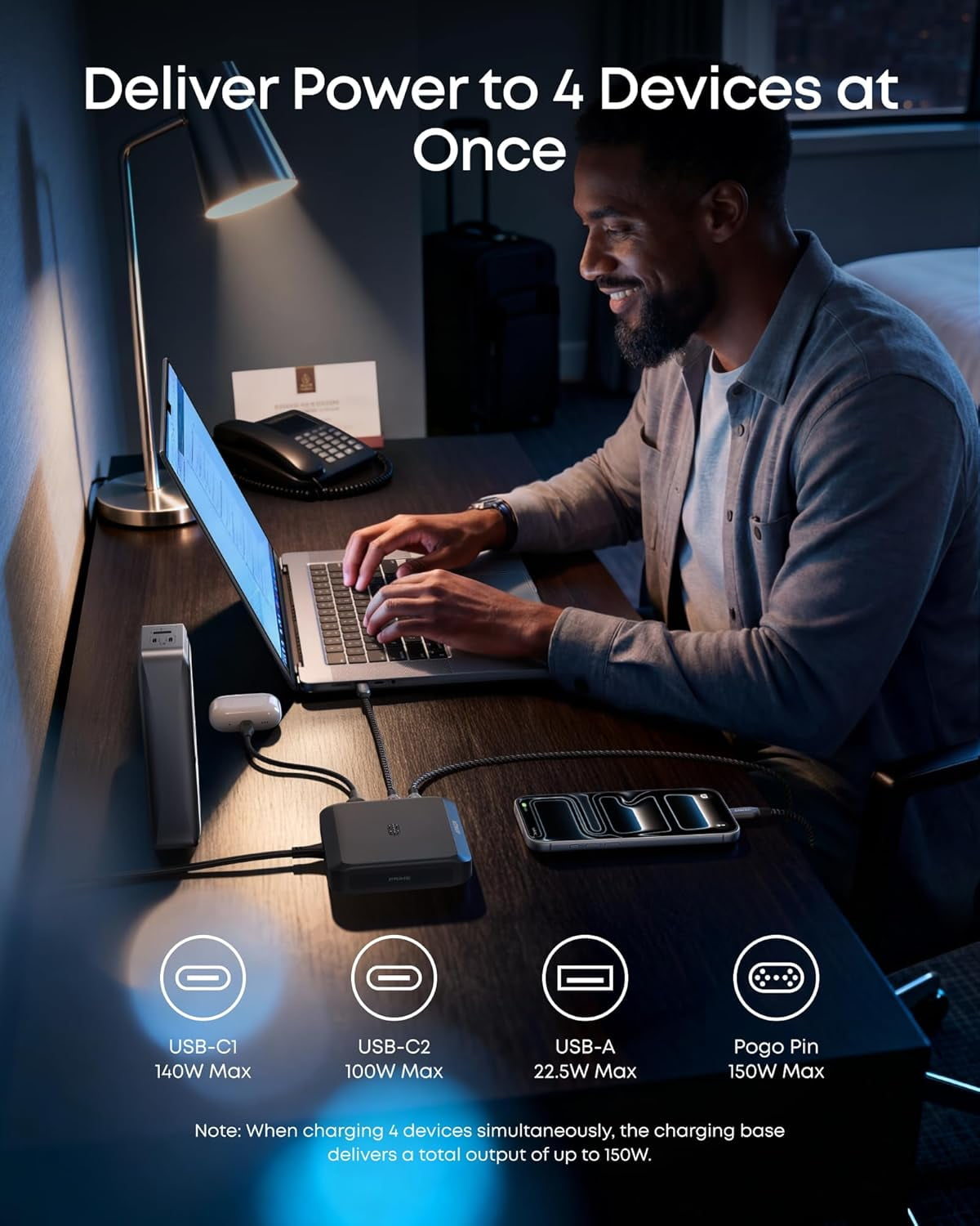 Anker Charging Base, 150W Max Charging for 4 Devices, Works with Prime Power Banks with Pogo Pin, compatible for MacBook Pro/Air, Dell, iPhone 17/16 Series, and More (Power Bank Not Included)
