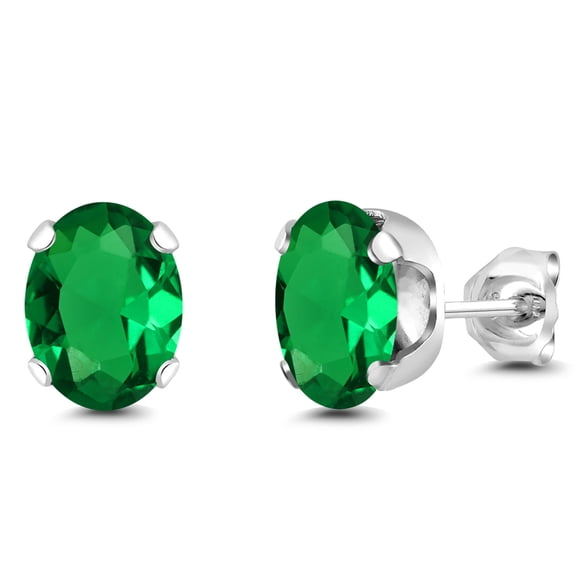 Gem Stone King 925 Sterling Silver 2.60 Ct Oval Cut 8X6MM Simulated Emerald Stud Earrings for Women Men