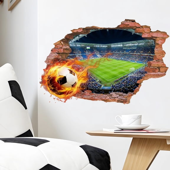 Large Vivid Sports Wall Mural, Living Room Wall Decor, Football Decorations, Bedroom Wall Decor, 3D Broken Wall Fiery Soccer Field Visual Sticker for Party and Daily Indoor Space