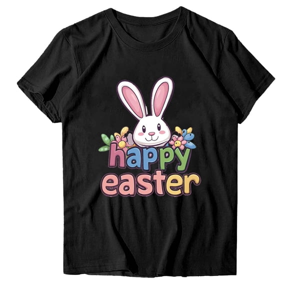 Staron Women's Casual Loose Fit Easter Print Round Neck Short Sleeve T-Shirt Basic Fashion Graphic Tee, Black M