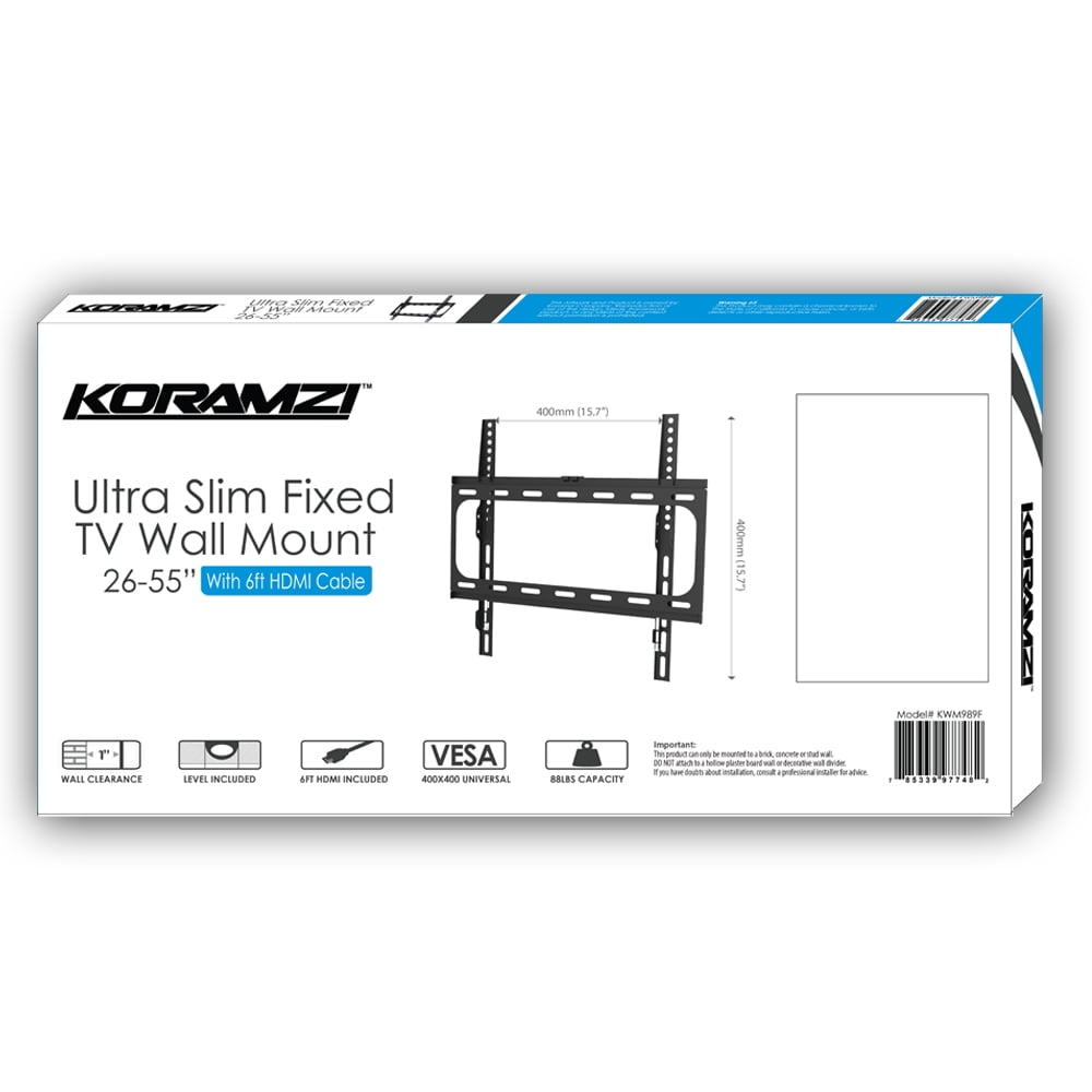 Koramzi KWM989F Wall Mount Fixed TV Mount with 3-Axis Bubble Level and 6 ft. HDMI Cable