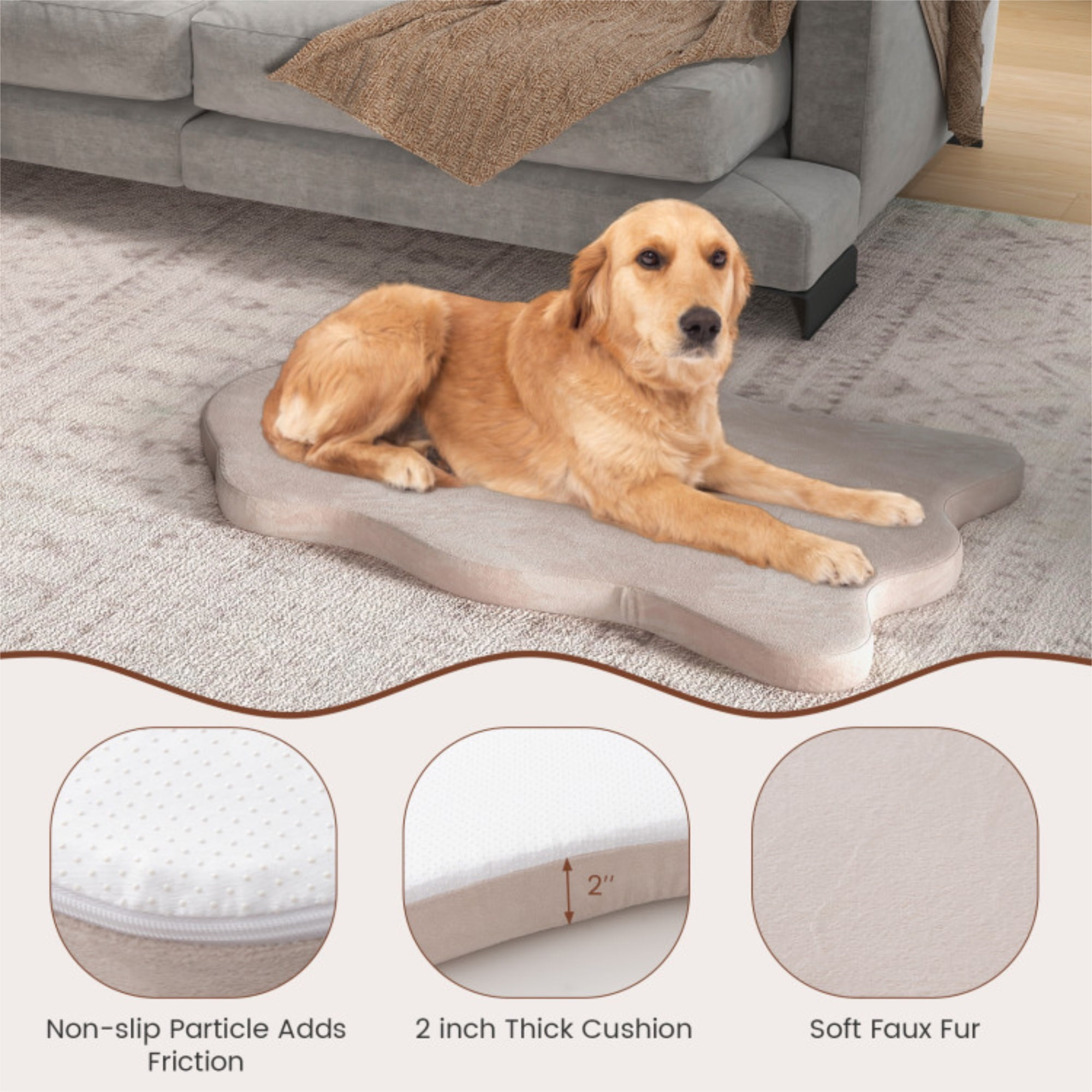 Kadyn 43" Orthopedic Dog Bed with Memory Foam Support for Large Dogs, 3" Thick Memory Foam Pet Bed with Removable Cover, Beige