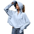 thumbnail image 3 of Women's Cropped UPF50+ Sun Protection Jacket, Ice Silk Hooded Long Sleeve with Thumb Holes, Summer Cycling Hiking Outdoor Wear Sky Blue One Size, 3 of 4