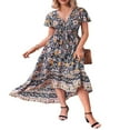 thumbnail image 1 of Robe Boho Longue d'Été pour Femmes à Manches Courtes V Cou Irrégulière Ourlet Cravate Robe Florale, 1 of 3