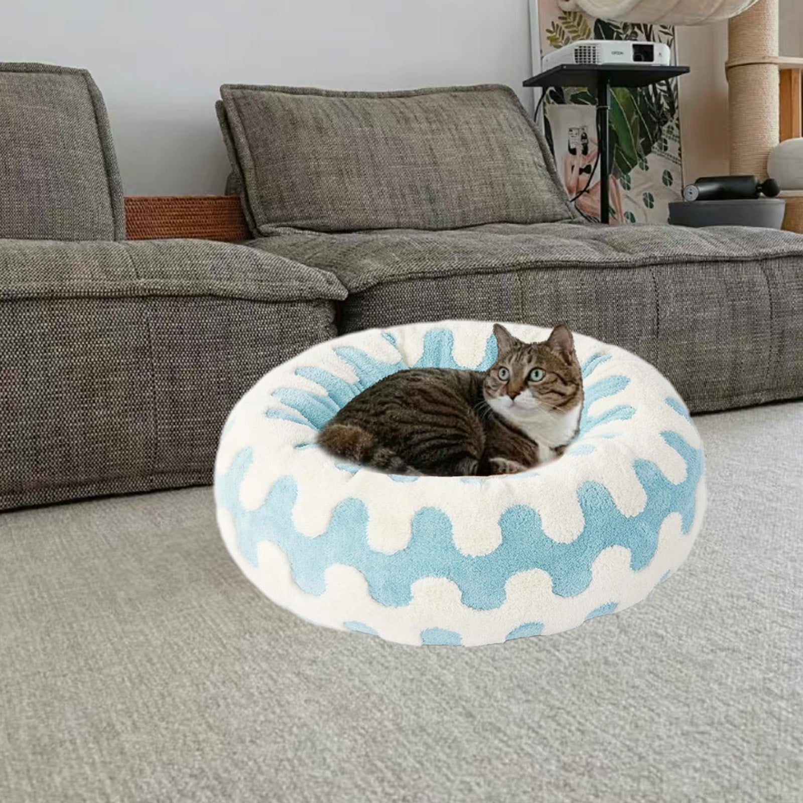 Donut Small Dog Bed - Round Cat Beds for Indoor Cats Calming Pet Beds, Cute Modern Beds with Jacquard Shaggy Plush & Anti Slip Bottom, 15.7 Inch Dia