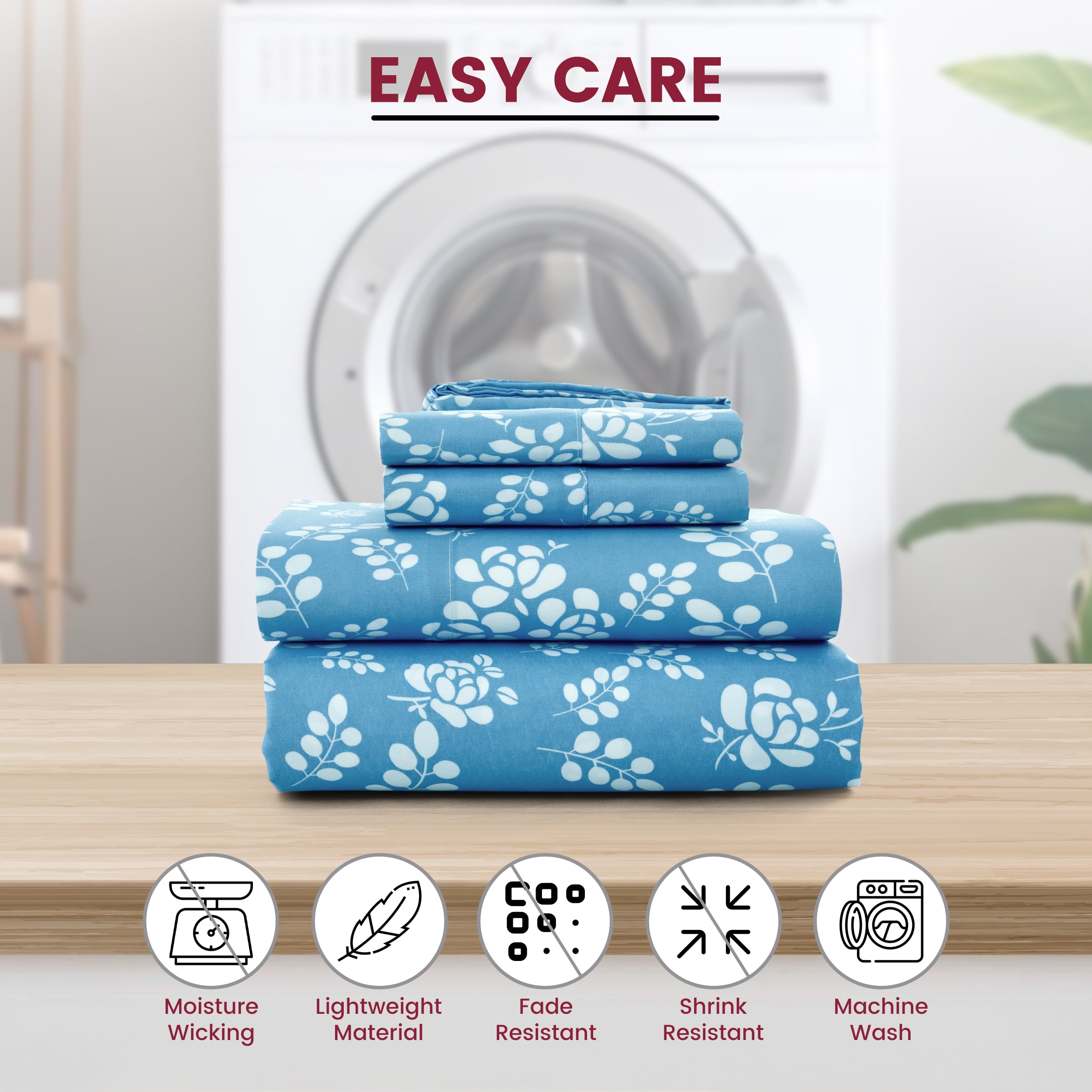 Lux Decor Twin Microfiber Bed Sheets - 3 Piece Floral Sheet Set, Soft Breathable Bedding, Wrinlkle Resistant, OEKO-TEX Certified, Blue