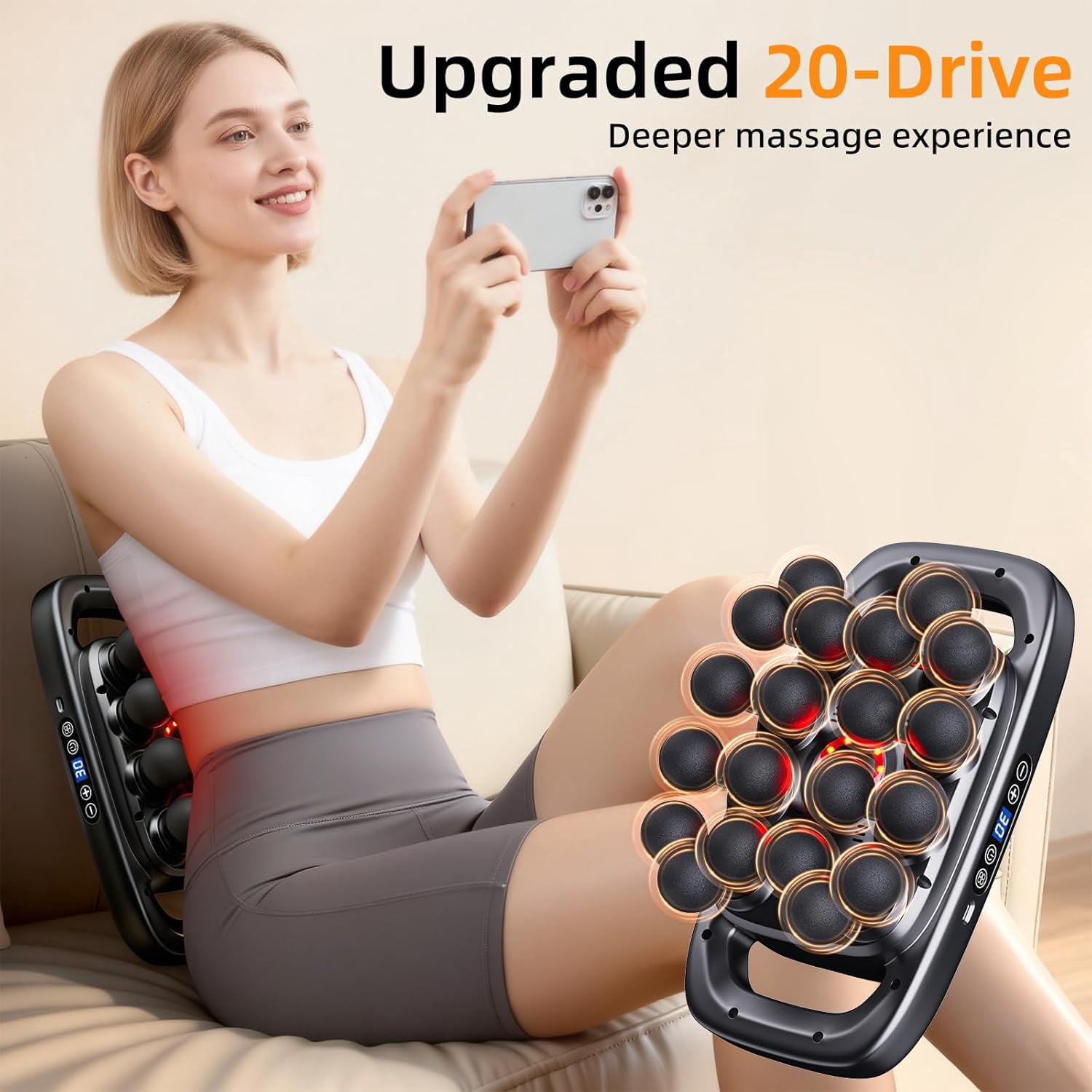 Massage Gun Pain Relief Deep Tissue, 20-Head Percussion Massager with 3 Modes & 30 Intensity Levels, Quiet Muscle Massage Gun for Back, Shoulders, Legs & Body (Grey)