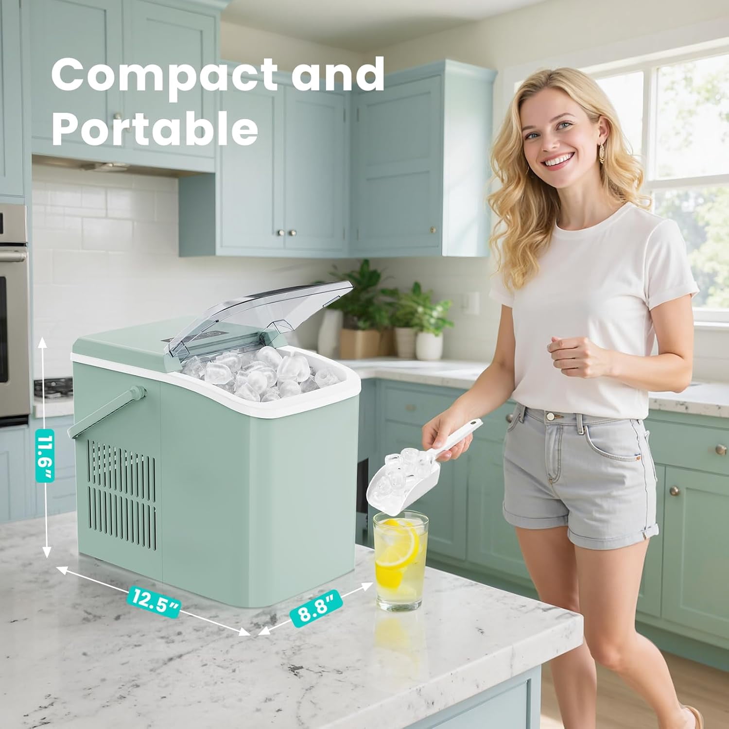 DEA Ice Maker Machine with Handle,26lbs in 24Hrs,9 Ice Cubes in 6 Mins,Auto-Cleaning Portable Ice Maker with Basket and Scoop, Countertop Ice Maker for Home/Kitchen/Camping/RV, Sleek Green
