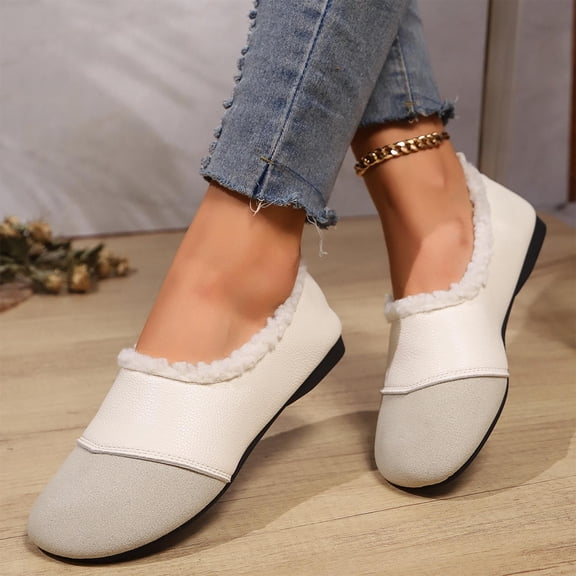 Wowcloth Women's Slip-On Flats – Fashion Two-Tone Round Toe Design with Fleece Lining for Versatile Casual Wear