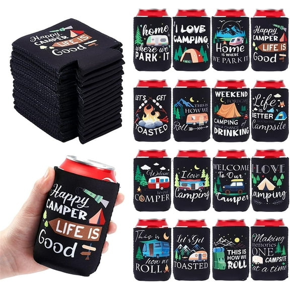 Camping Can Sleeves 16Pcs Neoprene Camper Gifts Beer Sleeves for Can Sleeves for Men 12 oz Reusable Insulated Funny Drink Cans Cover for Camping Theme Birthday Party Decor Picnic Outdoor Supplies