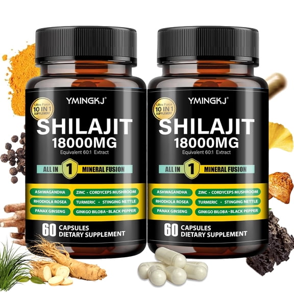 YMINGKJ Shilajit Capsules 2-Pack 18000MG 60:1 Extract 10-in-1 Mineral Fusion for Energy & Vitality