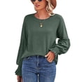 thumbnail image 1 of Mujeres T Camisas ronda Masajeadores de cuello shirred manga larga puff color puro casual Top para el desgaste diario OD verde XL, 1 of 4