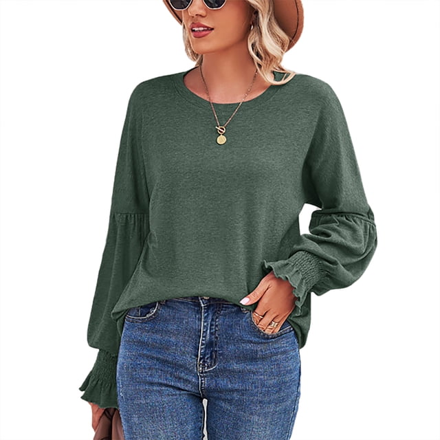 Mujeres T Camisas ronda Masajeadores de cuello shirred manga larga puff color puro casual Top para el desgaste diario OD verde XL