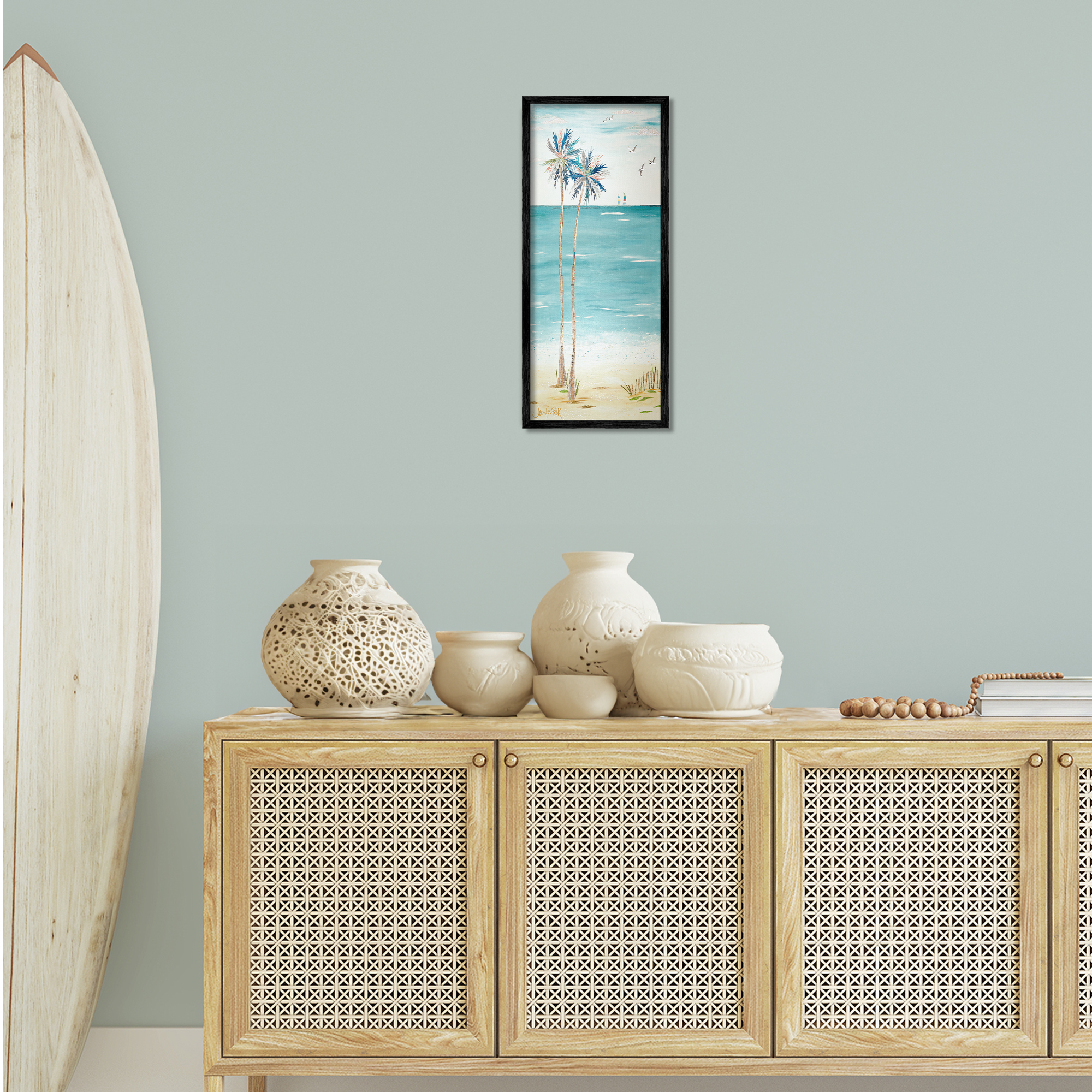 Stupell Industries Palms & Distant Boats Landscape Painting Black Framed Art Print Wall Art, 10 x 24
