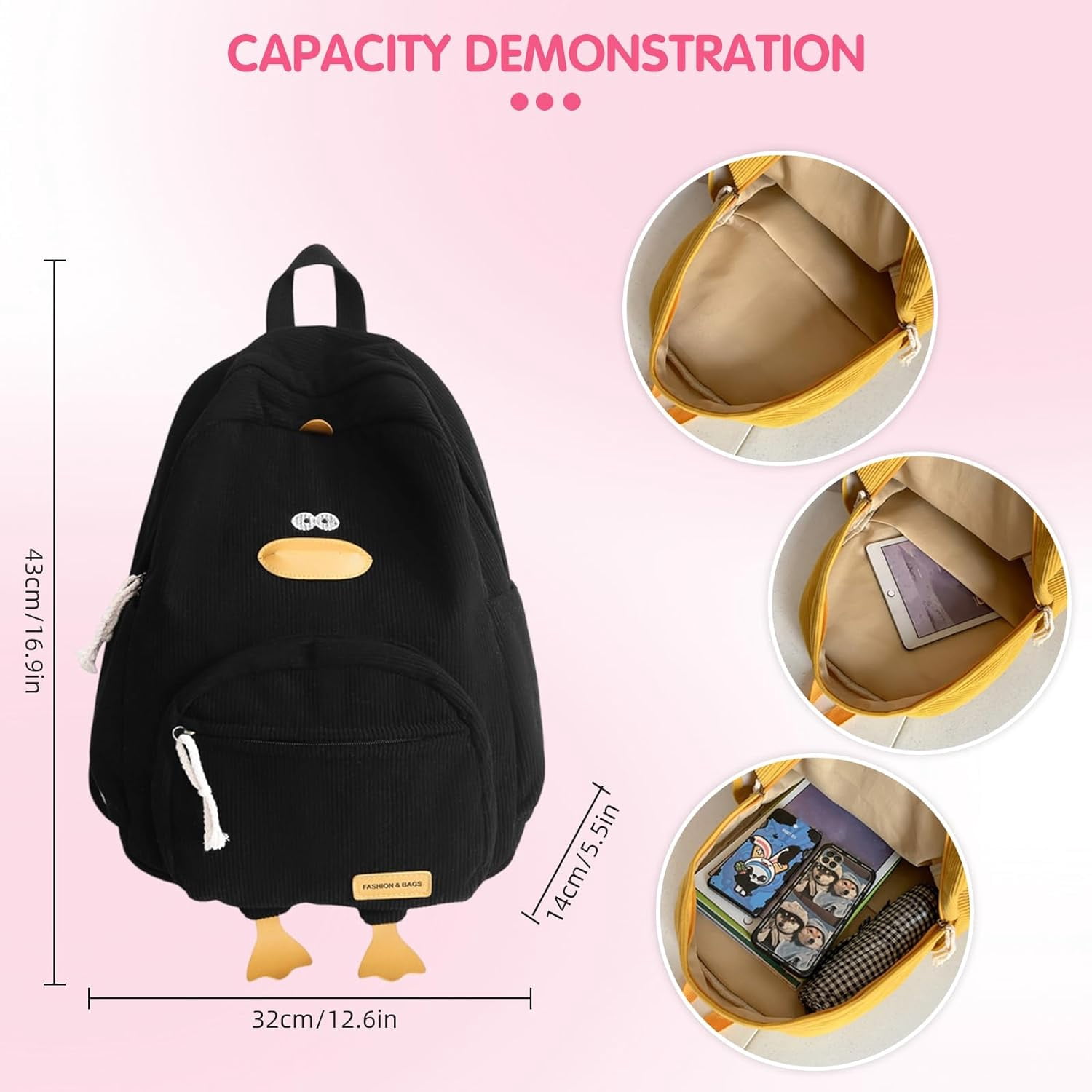 Duck Cute Backpack, Large Capacity Cute Schoolbag Funny Aesthetic Kawaii Corduroy Mochila (white)