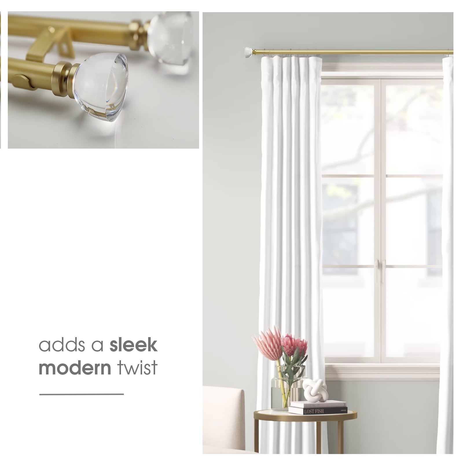 SKYPLUS LIVING 1 inch Window Curtain Rod with Acrylic Finials Set, Adjustable 72-144 in,Gold
