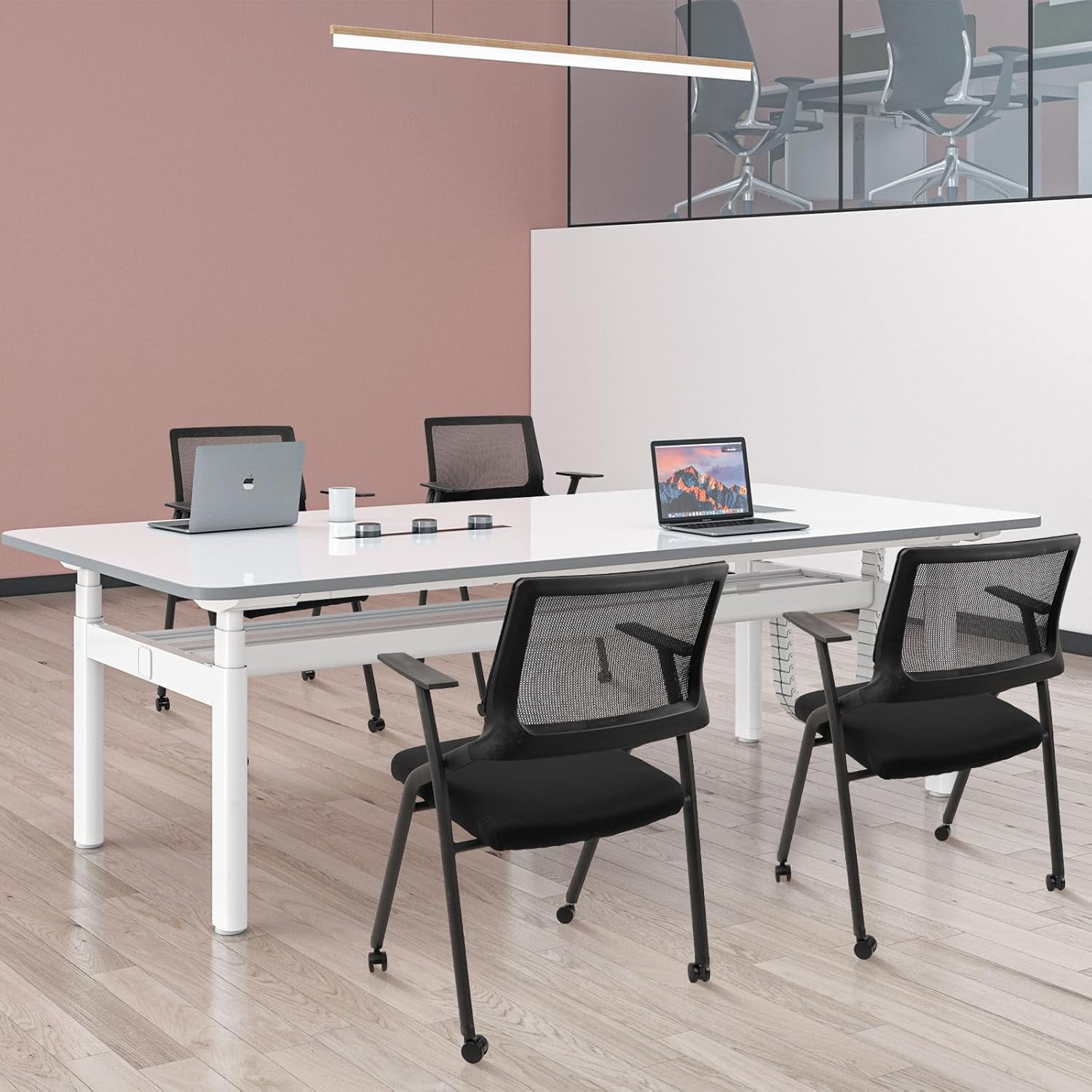 CLATINA Ergonomic Stackable & Foldable Conference Room Chairs, Mesh Office Chair with Arms and Wheels for Office Waiting Room Meeting Black Lobby Church School Receptions and Training Black (4 pk)