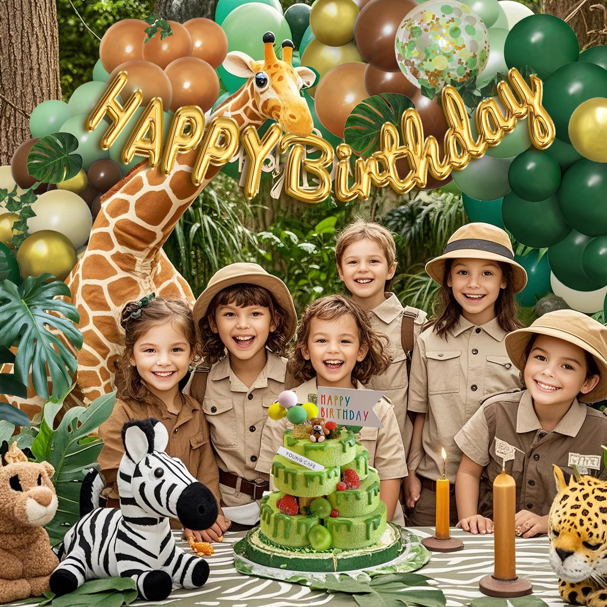 Safari Balloon Arch Kit Green Brown Jungle Garland with Animal Print Balloons Palm Leaves