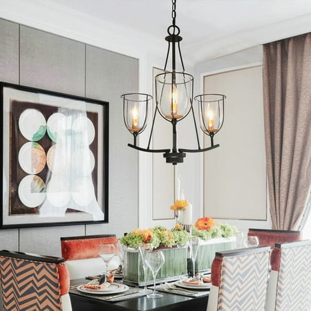 

Modern Farmhouse 3-Light Glass Chandelier Black Metal Frame Entryway Hanging Lights - D19 x H82