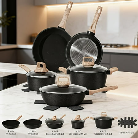 12-Piece Granite Nonstick Cookware Set - Induction Compatible, Includes Frying Pans, Stew Pot, Steamer & Kitchen Utensils for Home Cooking