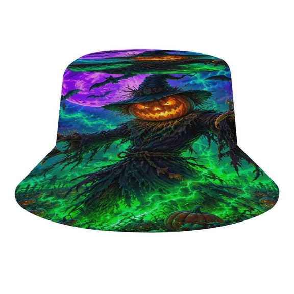 Creowell Witch Hat Pumpkin Scarecrow Halloween Canvas Print Bucket Hat, Soft, Printed, Packable Fisherman Sun Hat for Beach Travel Hiking Vacation, Sun Hat for Women Men, One Size