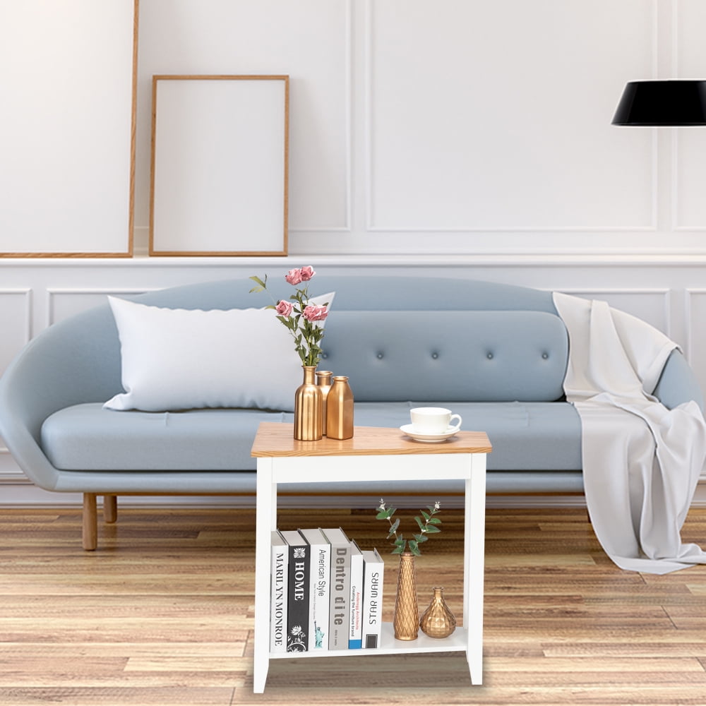 Lowestbest Sofa Side Table, End Table with Storage Shelf, Simple and Irregular, Walnut Color