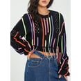 thumbnail image 3 of Sedceaty Women's Autumn Short Sweater, Colorful Stripe Long Sleeve Round Neck Loose Knit Pullover with Tassel Decoration, 3 of 8