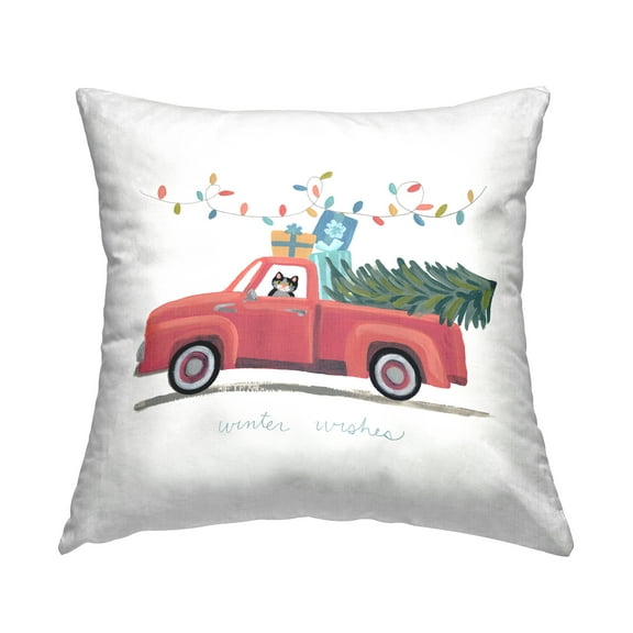 Stupell Industries Winter Wishes Red Christmas Cat Gift Truck Design by June Erica Vess Throw Pillow