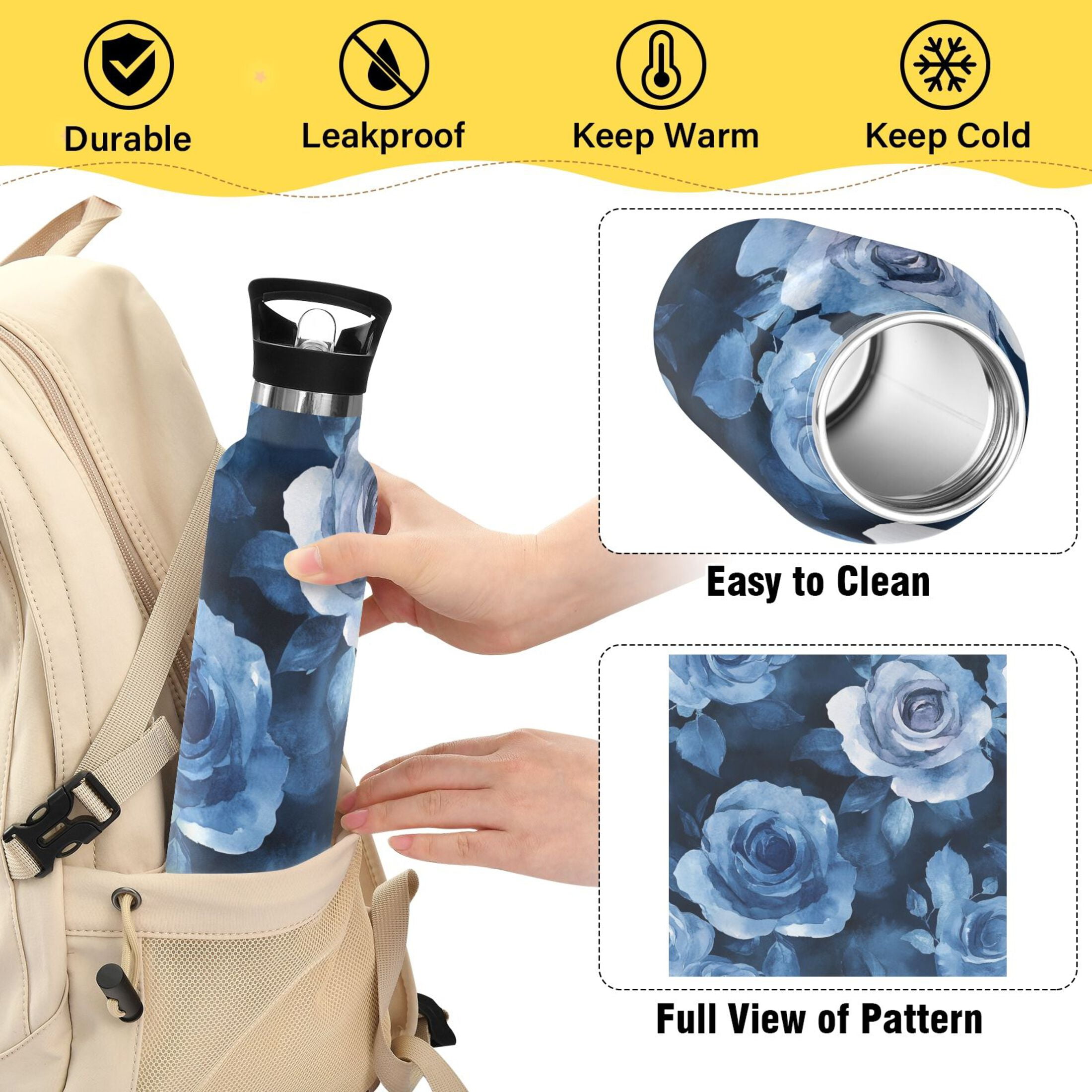 600ML Stainless Steel Insulated Cup Sports Water Bottle Portable Thermos Cup Water Glasses Insulated Tumblers Convenient and Durable Cartoon Teal Roses Seamless