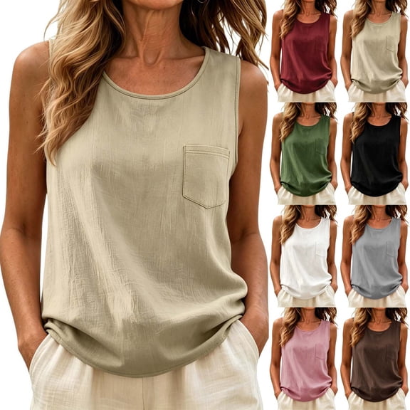 VBVC Women's Cotton Linen Crew Neck Tank Top , Loose Fit Summer Casual Blouse For Women , Ladies' Sleeveless Plain Shirt with Pockets,Beige,S-2XL