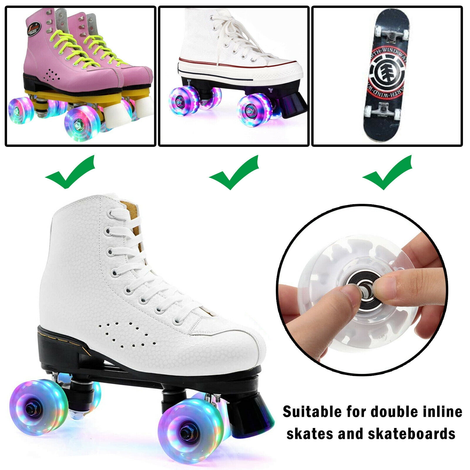 4pcs Luminous Light Up Quad Roller Skate Wheels With BankRoll Bearings Installed 4pcs Luminous Light Up Quad Roller Skate Wheels With BankRoll Bearings Installed